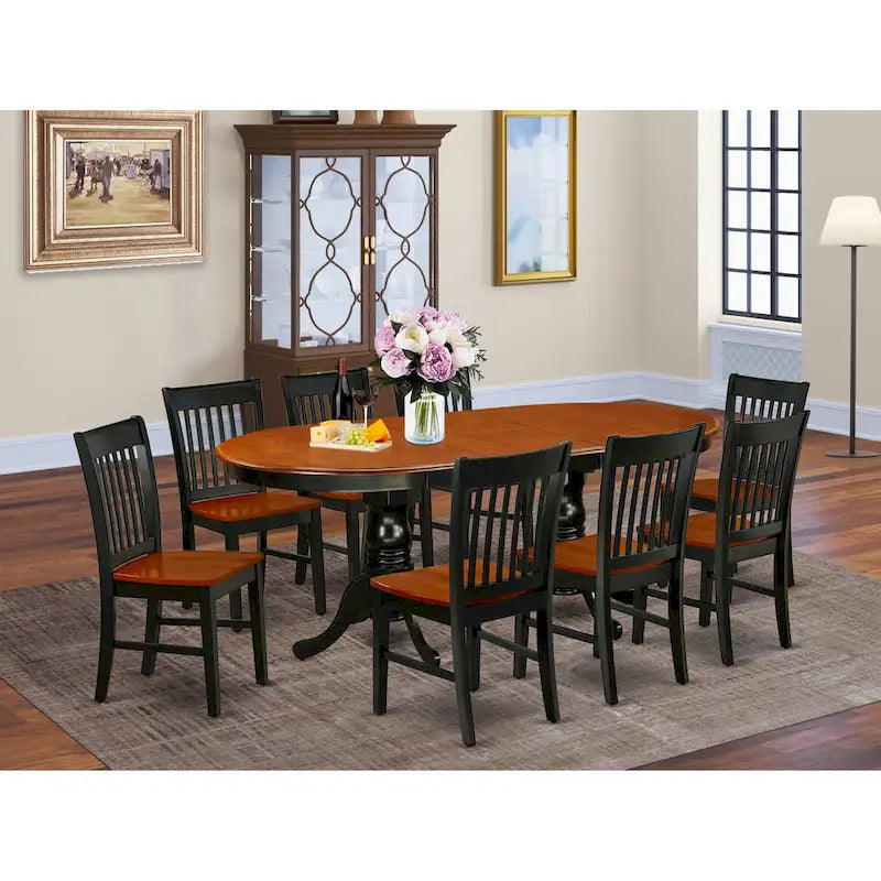 Ensemble de salle à manger ovale en bois dur avec rallonge papillon et chaises en bois – Noir et cerisier (5, 7 ou 9 pièces)