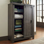 Commode à portes coulissantes avec 4 étagères réglables et tiroirs à queue d'aronde – Finition gris roche battue (112 cm L x 155 cm H)