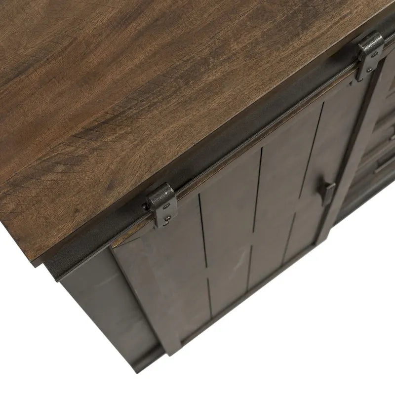 Commode à portes coulissantes avec 4 étagères réglables et tiroirs à queue d'aronde – Finition gris roche battue (112 cm L x 155 cm H)