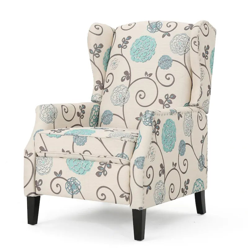 Fauteuil inclinable à dossier haut avec revêtement en polyester à motif floral – Clous décoratifs et pieds en bois de bouleau