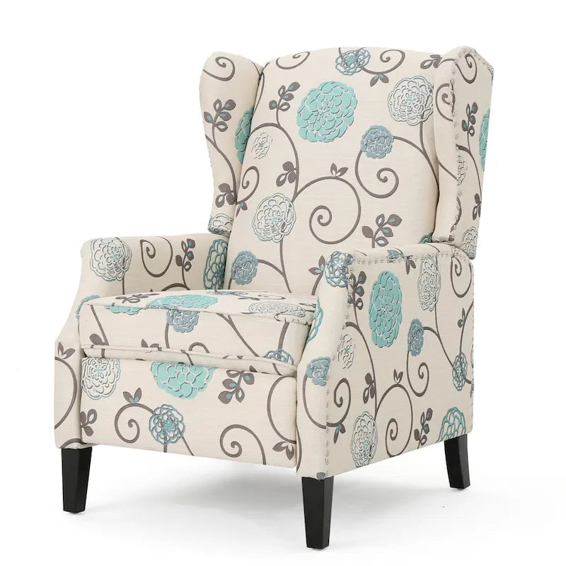 Fauteuil inclinable à dossier haut avec revêtement en polyester à motif floral – Clous décoratifs et pieds en bois de bouleau