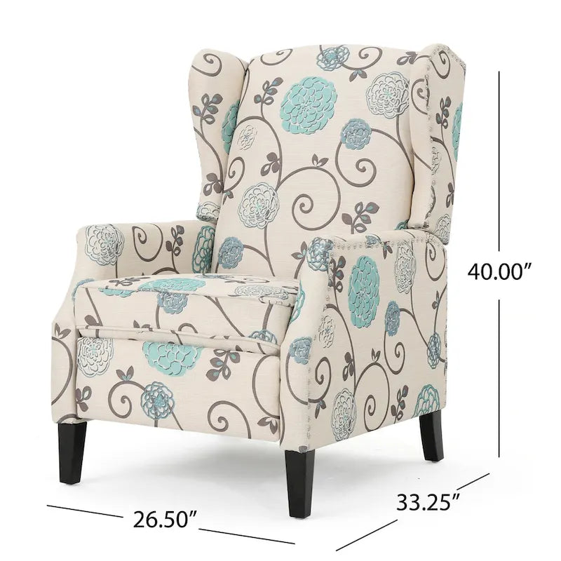 Fauteuil inclinable à dossier haut avec revêtement en polyester à motif floral – Clous décoratifs et pieds en bois de bouleau