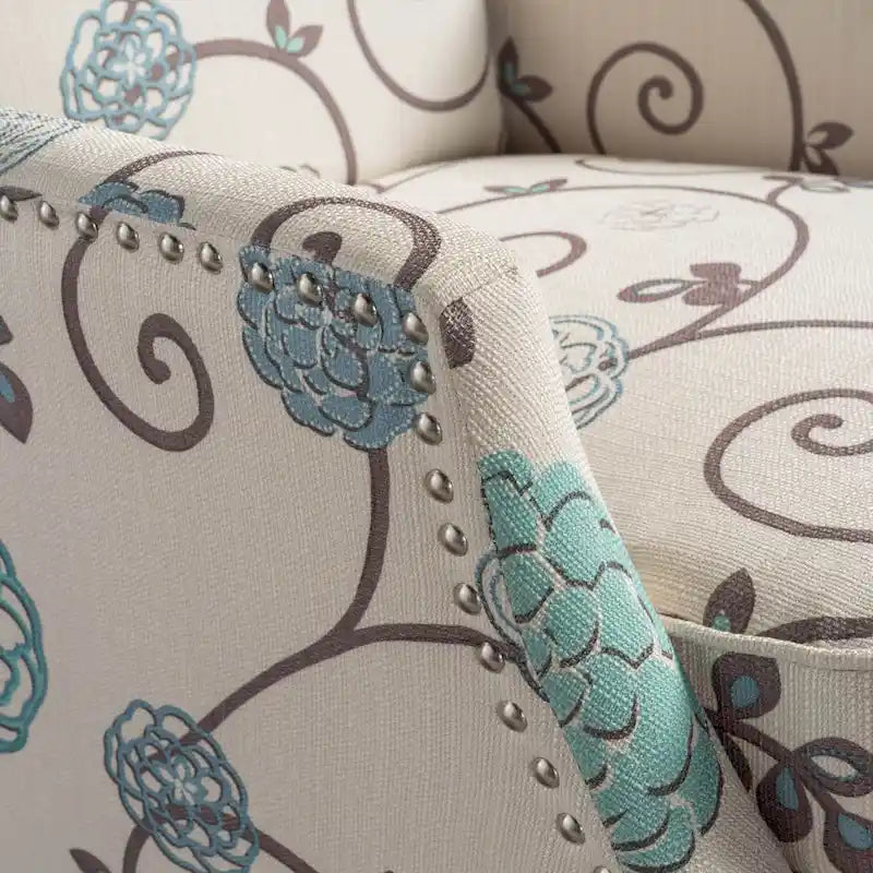 Fauteuil inclinable à dossier haut avec revêtement en polyester à motif floral – Clous décoratifs et pieds en bois de bouleau