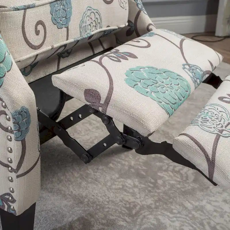 Fauteuil inclinable à dossier haut avec revêtement en polyester à motif floral – Clous décoratifs et pieds en bois de bouleau