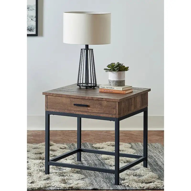Table d'appoint à 1 tiroir en bois – Plateau en chêne brun avec base en métal noir sablé
