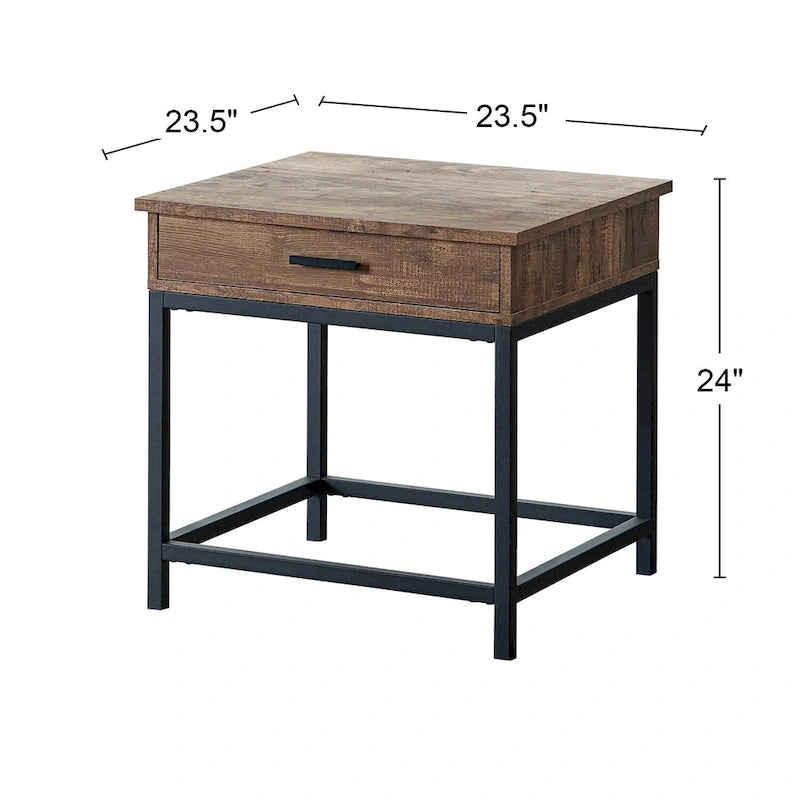Table d'appoint à 1 tiroir en bois – Plateau en chêne brun avec base en métal noir sablé