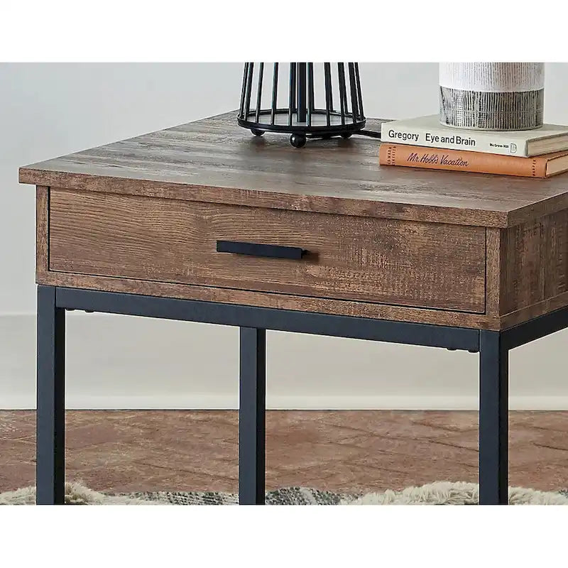Table d'appoint à 1 tiroir en bois – Plateau en chêne brun avec base en métal noir sablé