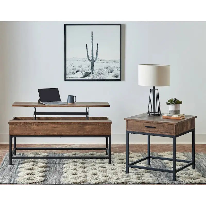 Table d'appoint à 1 tiroir en bois – Plateau en chêne brun avec base en métal noir sablé