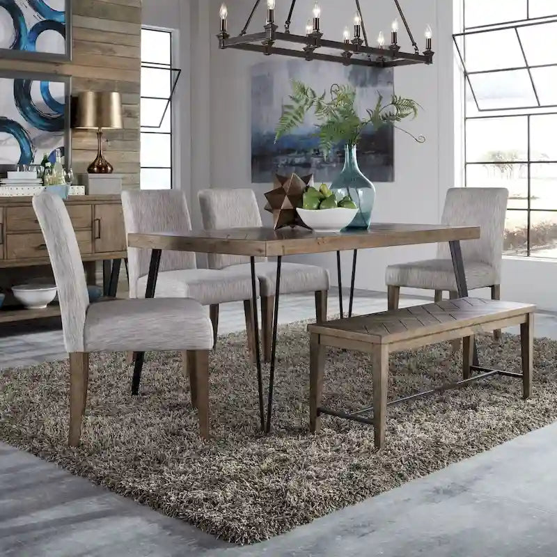 Salle à manger rustique 6 pièces Caramel – Table à chevrons, 4 chaises rembourrées et banc (152 x 89 cm)