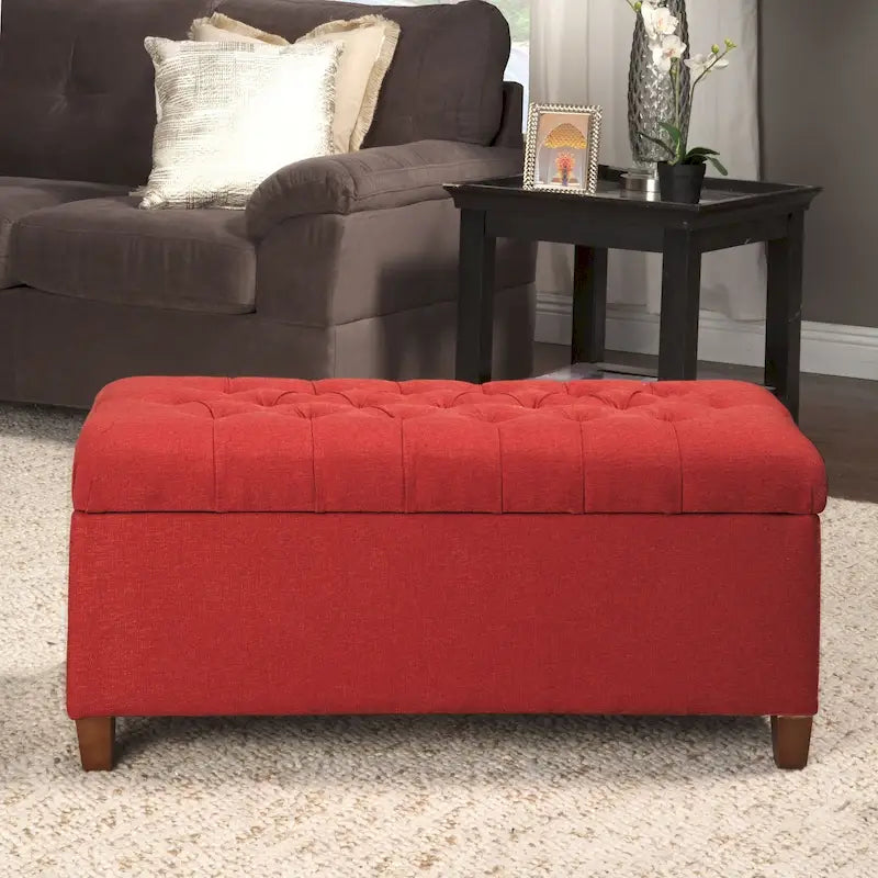 Banc de rangement capitonné canneberge avec couvercle à charnières – Pieds Noyer foncé (40"L x 18"H)