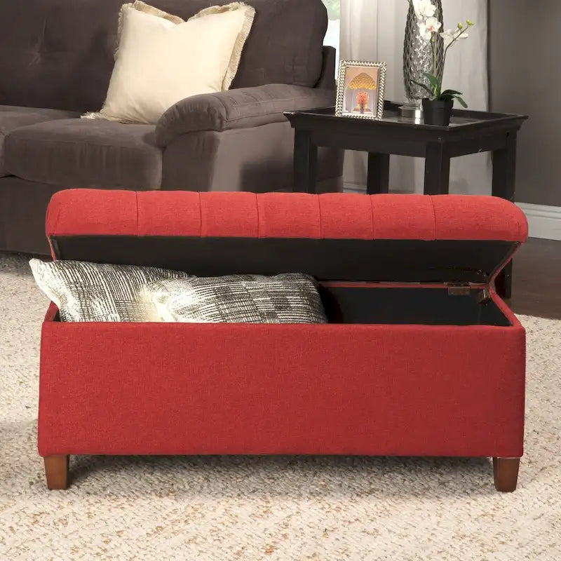 Banc de rangement capitonné canneberge avec couvercle à charnières – Pieds Noyer foncé (40"L x 18"H)