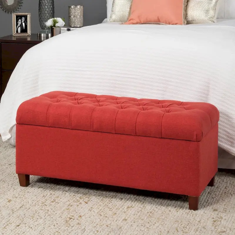 Banc de rangement capitonné canneberge avec couvercle à charnières – Pieds Noyer foncé (40"L x 18"H)