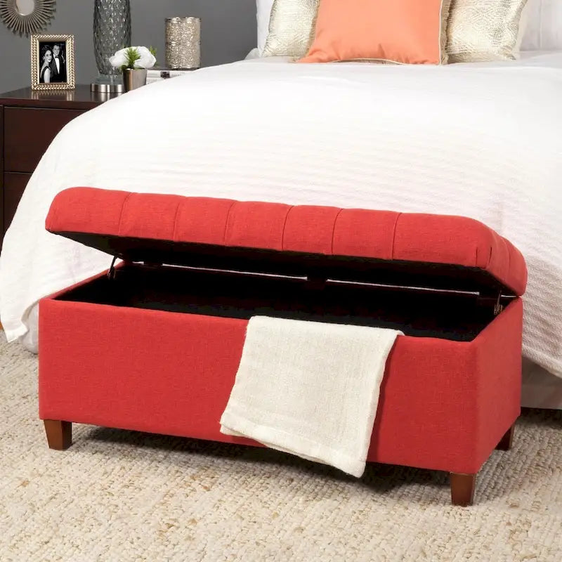 Banc de rangement capitonné canneberge avec couvercle à charnières – Pieds Noyer foncé (40"L x 18"H)