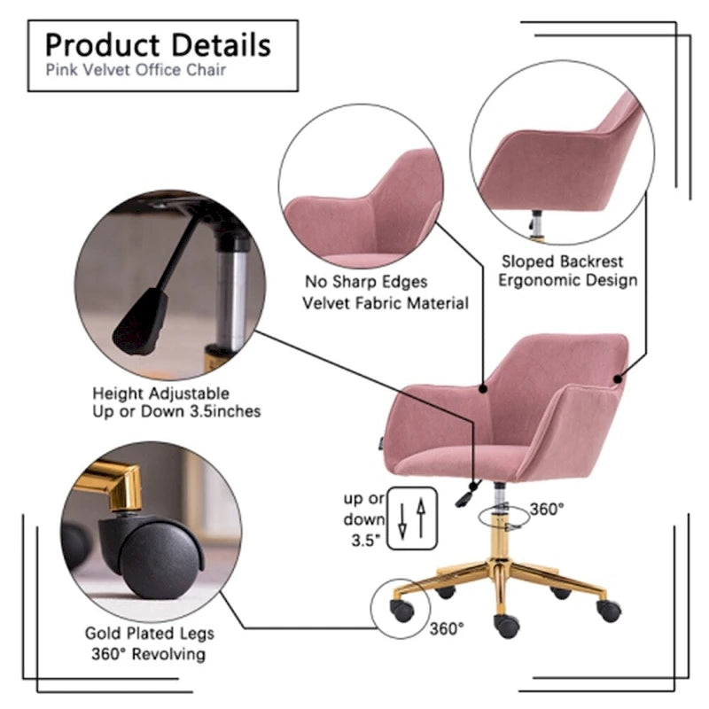 Fauteuil de bureau en velours avec pieds en métal doré – Hauteur réglable, pivotant à 360°, capacité de 113 kg