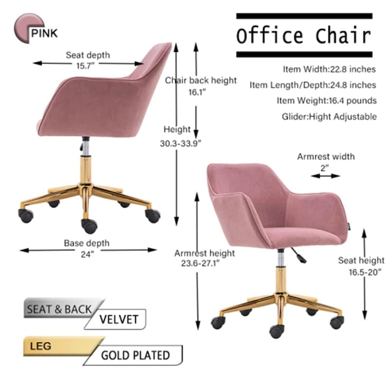 Fauteuil de bureau en velours avec pieds en métal doré – Hauteur réglable, pivotant à 360°, capacité de 113 kg