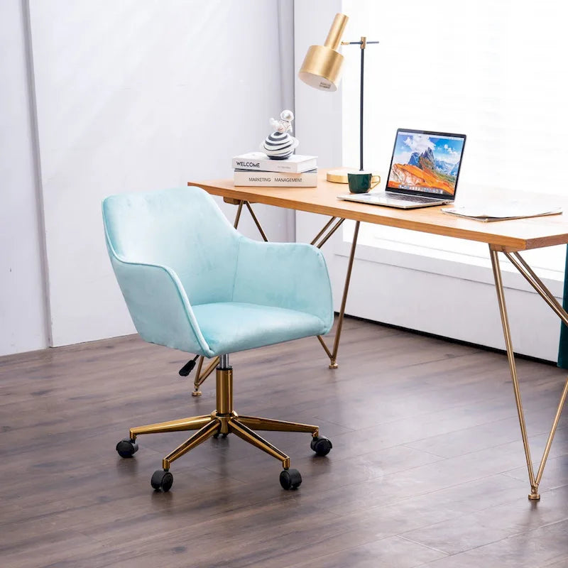 Fauteuil de bureau en velours avec pieds en métal doré – Hauteur réglable, pivotant à 360°, capacité de 113 kg