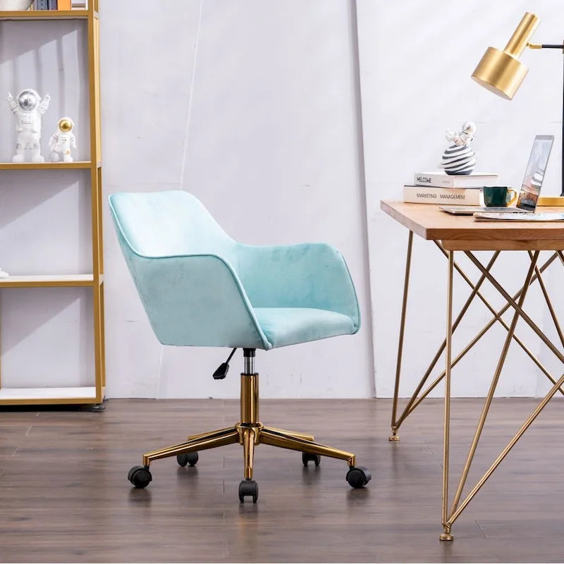 Fauteuil de bureau en velours avec pieds en métal doré – Hauteur réglable, pivotant à 360°, capacité de 113 kg