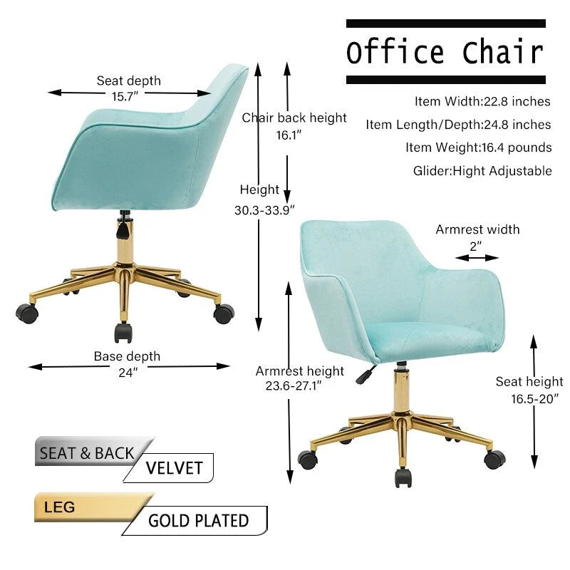 Fauteuil de bureau en velours avec pieds en métal doré – Hauteur réglable, pivotant à 360°, capacité de 113 kg