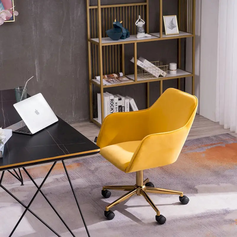 Fauteuil de bureau en velours avec pieds en métal doré – Hauteur réglable, pivotant à 360°, capacité de 113 kg