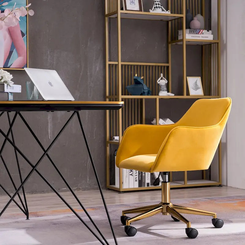Fauteuil de bureau en velours avec pieds en métal doré – Hauteur réglable, pivotant à 360°, capacité de 113 kg