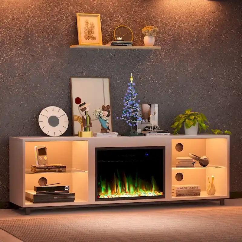 Meuble TV de 68 po avec foyer électrique intégré de 23 po – Flamme LED 14 couleurs, convient aux téléviseurs jusqu'à 78 po