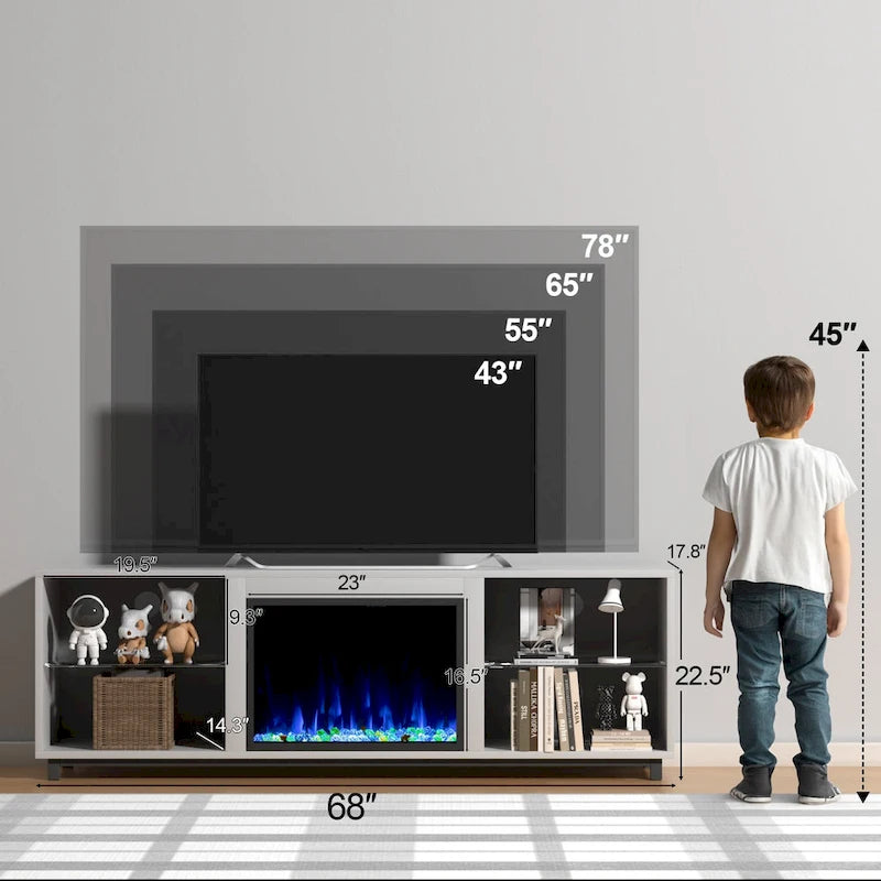 Meuble TV de 68 po avec foyer électrique intégré de 23 po – Flamme LED 14 couleurs, convient aux téléviseurs jusqu'à 78 po
