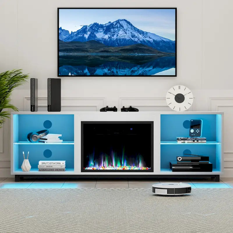 Meuble TV de 68 po avec foyer électrique intégré de 23 po – Flamme LED 14 couleurs, convient aux téléviseurs jusqu'à 78 po