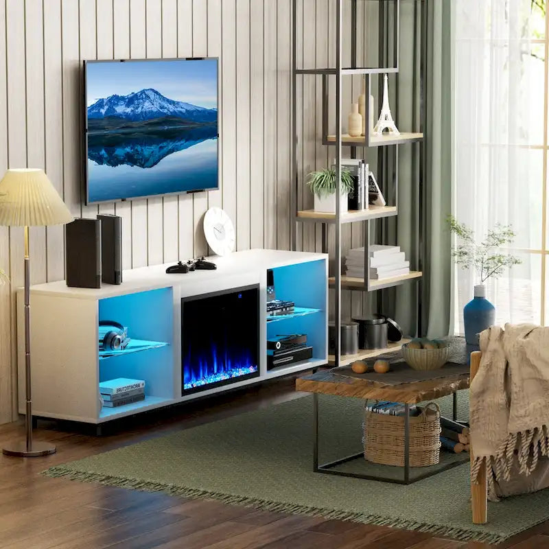 Meuble TV de 68 po avec foyer électrique intégré de 23 po – Flamme LED 14 couleurs, convient aux téléviseurs jusqu'à 78 po