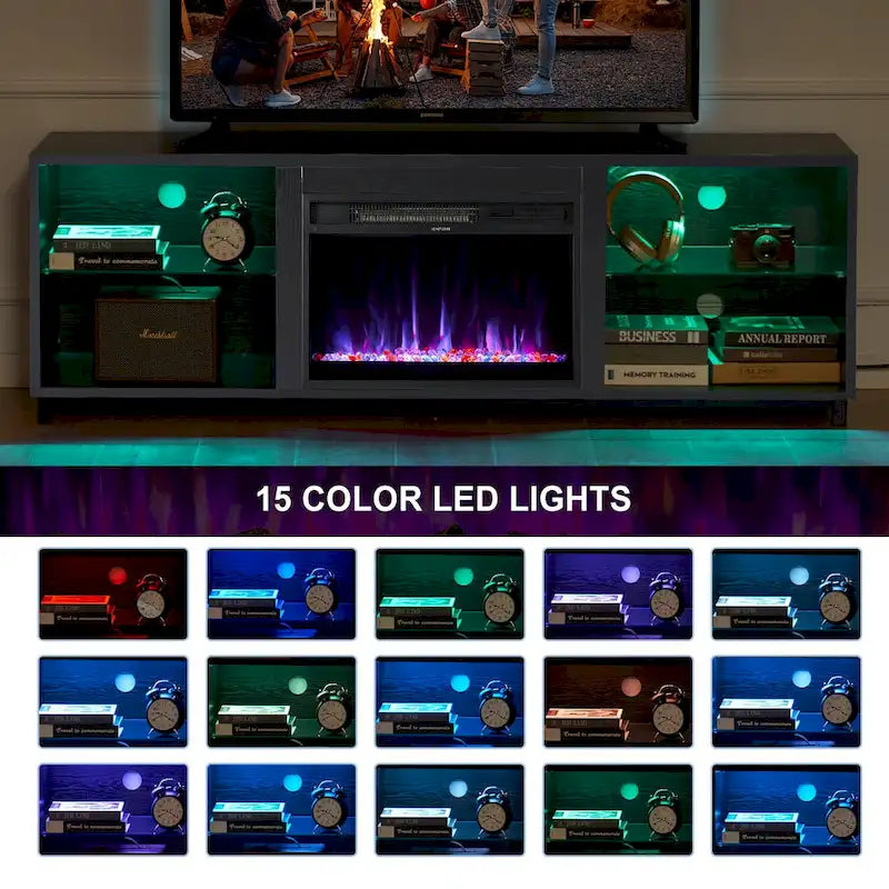 Meuble TV de 68 po avec foyer électrique intégré de 23 po – Flamme LED 14 couleurs, convient aux téléviseurs jusqu'à 78 po