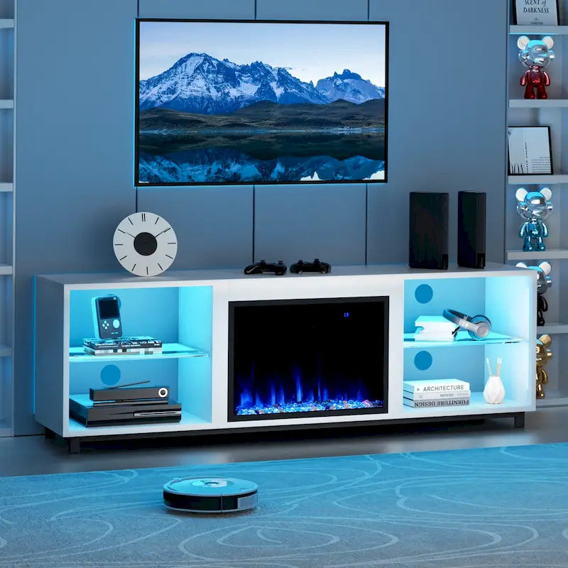 Meuble TV de 68 po avec foyer électrique intégré de 23 po – Flamme LED 14 couleurs, convient aux téléviseurs jusqu'à 78 po