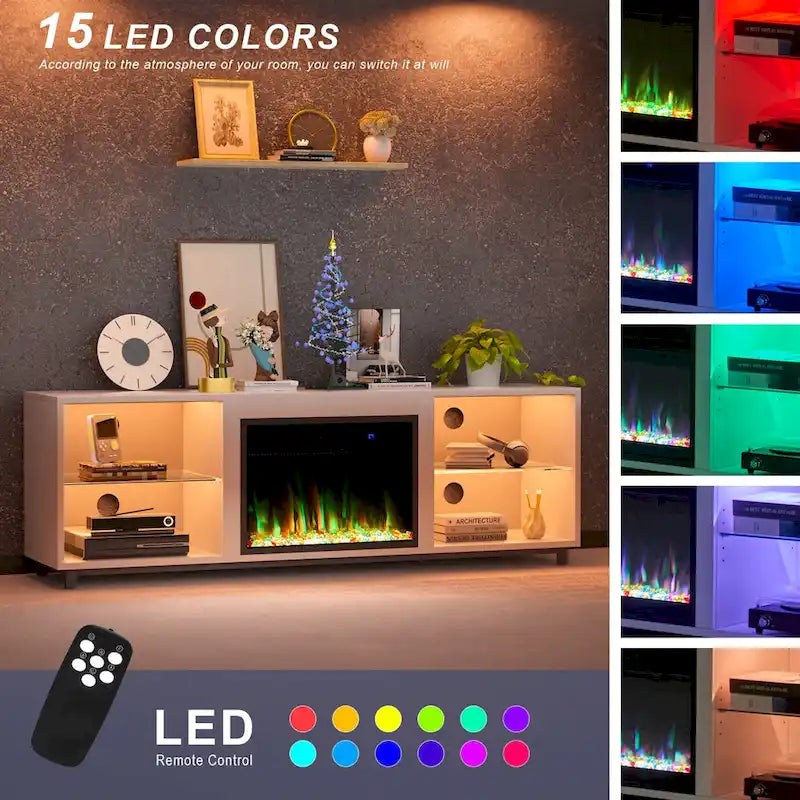 Meuble TV de 68 po avec foyer électrique intégré de 23 po – Flamme LED 14 couleurs, convient aux téléviseurs jusqu'à 78 po