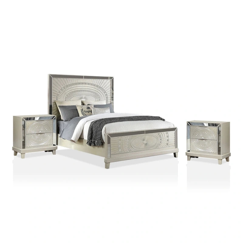 Lit à panneaux 3 pièces et tables de nuit Champagne Wood avec port USB par Furniture of America