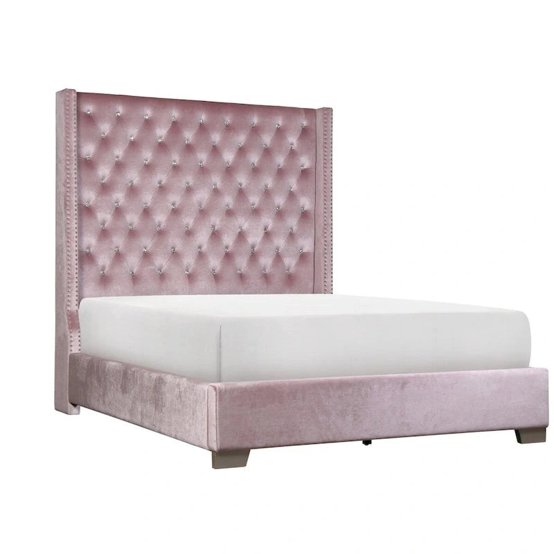 Lit capitonné en velours rose – Pièce maîtresse de chambre à coucher luxueuse (Queen/King)