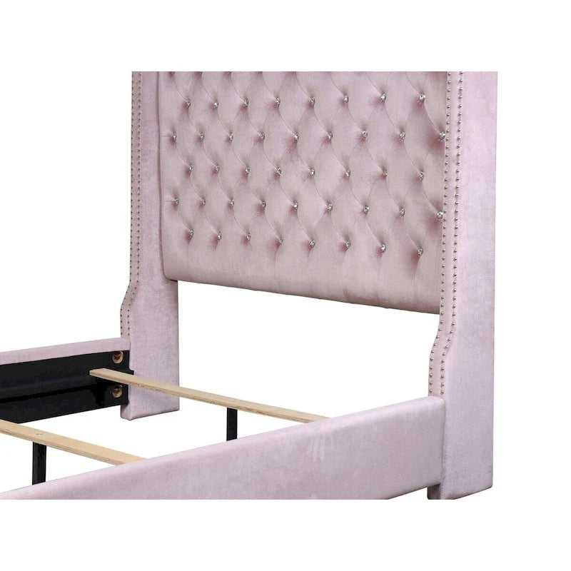 Lit capitonné en velours rose – Pièce maîtresse de chambre à coucher luxueuse (Queen/King)