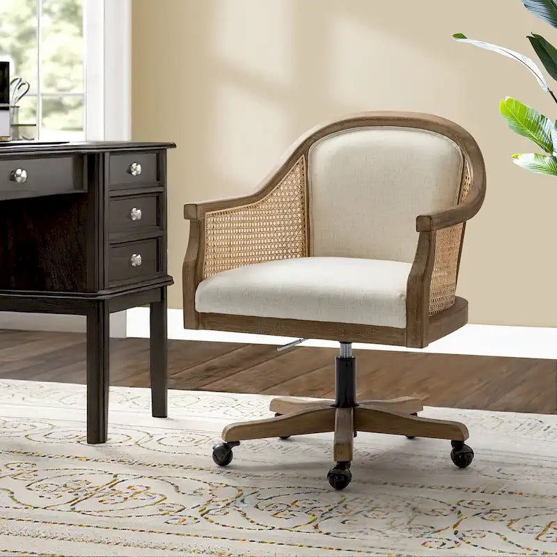 Danilo Farmhouse 360 Degree Swivel Height Adjustable Rattan Desk Chair with RubberWood