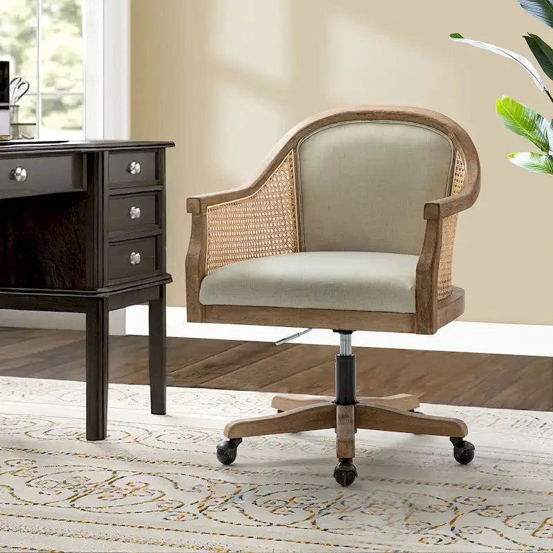 Danilo Farmhouse 360 Degree Swivel Height Adjustable Rattan Desk Chair with RubberWood