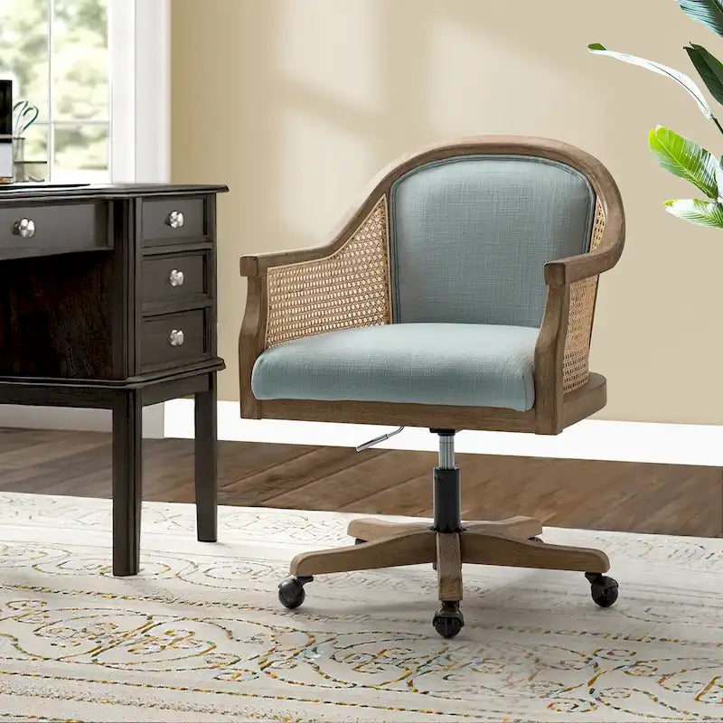 Danilo Farmhouse 360 Degree Swivel Height Adjustable Rattan Desk Chair with RubberWood