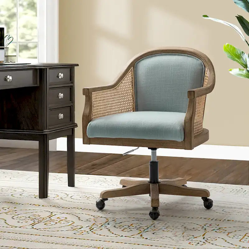 Danilo Farmhouse 360 Degree Swivel Height Adjustable Rattan Desk Chair with RubberWood