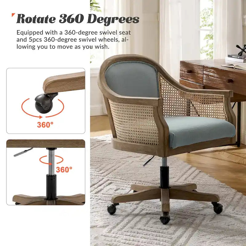 Danilo Farmhouse 360 Degree Swivel Height Adjustable Rattan Desk Chair with RubberWood