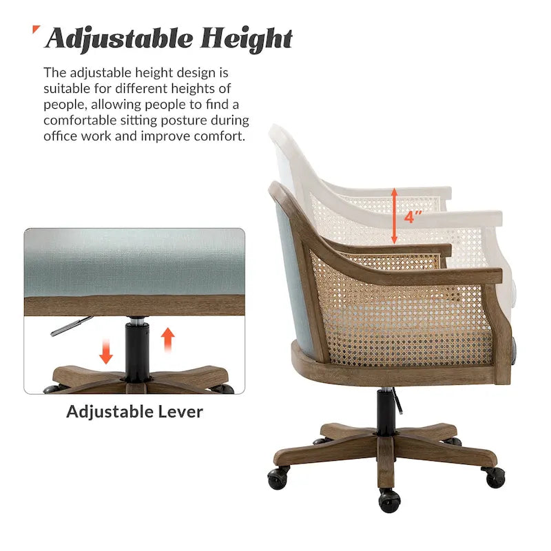Chaise de bureau pivotante à 360 degrés en rotin réglable en hauteur Danilo Farmhouse avec bois d'hévéa