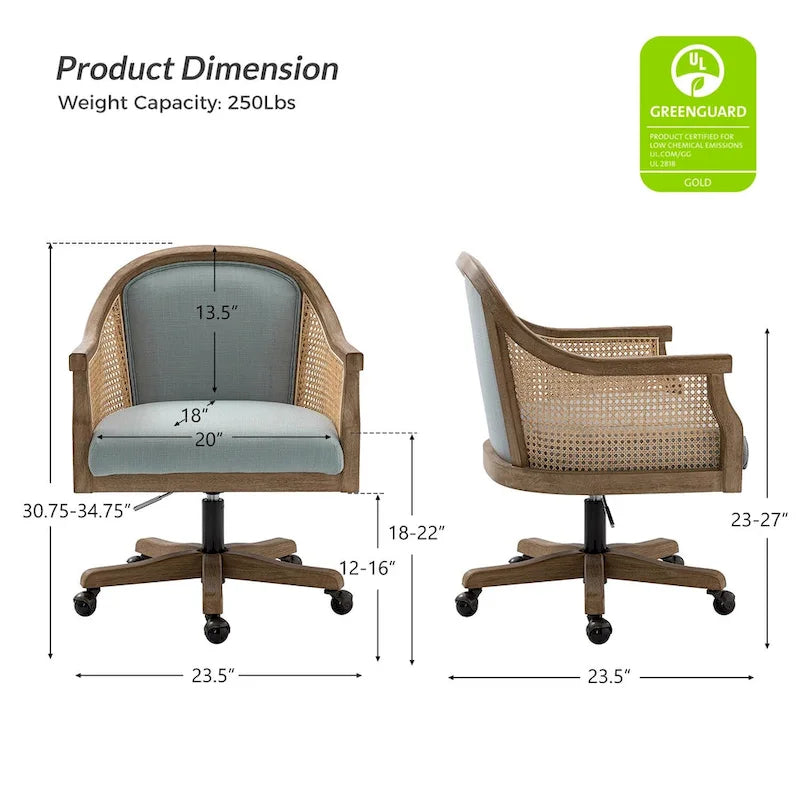 Chaise de bureau pivotante à 360 degrés en rotin réglable en hauteur Danilo Farmhouse avec bois d'hévéa