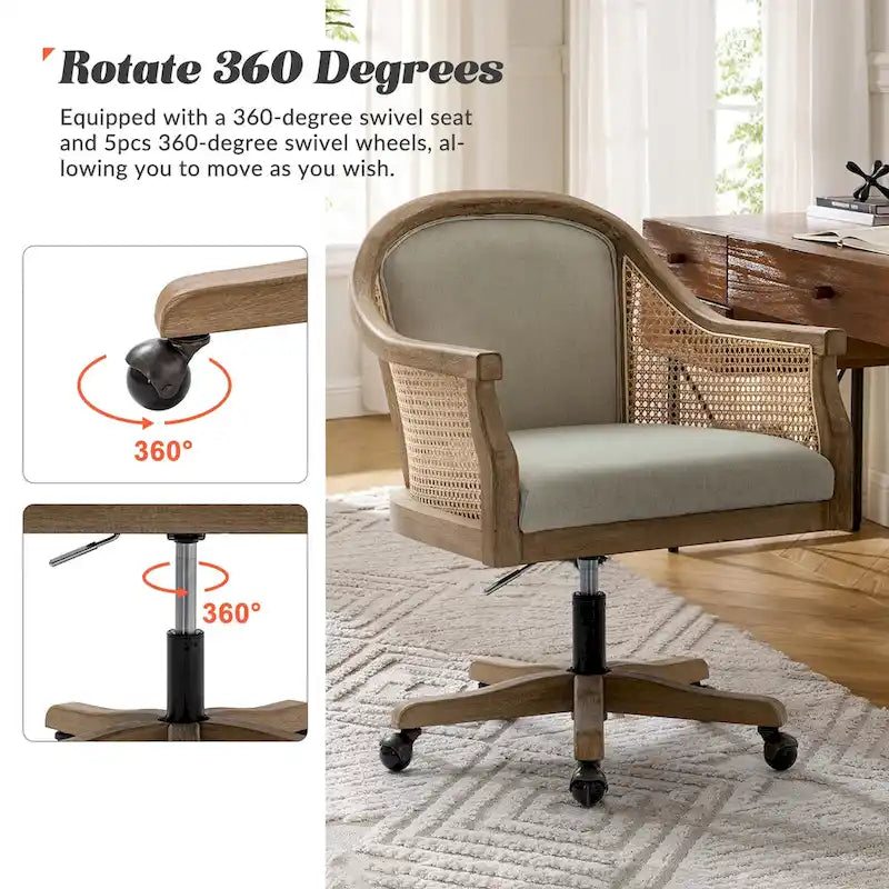 Chaise de bureau pivotante à 360 degrés en rotin réglable en hauteur Danilo Farmhouse avec bois d'hévéa