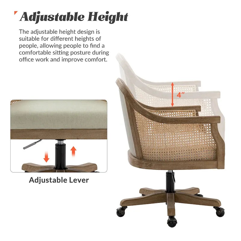 Chaise de bureau pivotante à 360 degrés en rotin réglable en hauteur Danilo Farmhouse avec bois d'hévéa