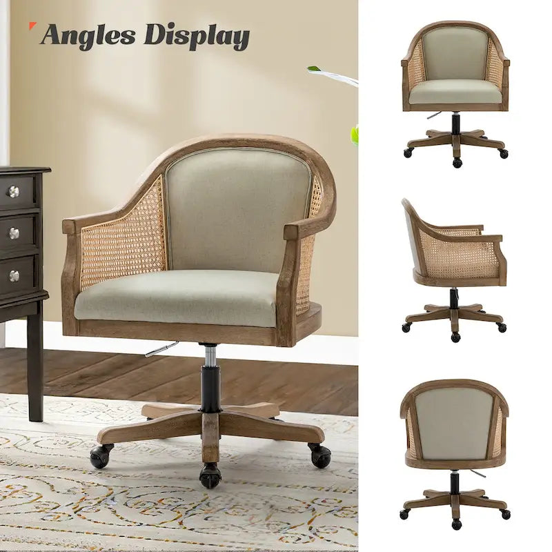 Chaise de bureau pivotante à 360 degrés en rotin réglable en hauteur Danilo Farmhouse avec bois d'hévéa