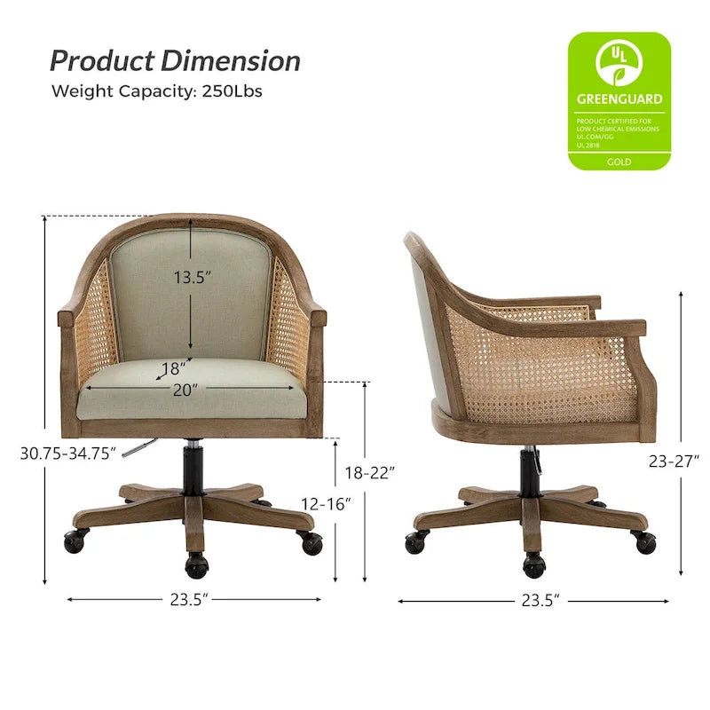 Chaise de bureau pivotante à 360 degrés en rotin réglable en hauteur Danilo Farmhouse avec bois d'hévéa