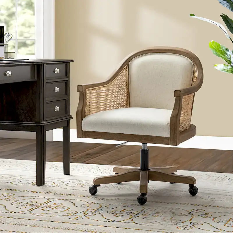 Chaise de bureau pivotante à 360 degrés en rotin réglable en hauteur Danilo Farmhouse avec bois d'hévéa