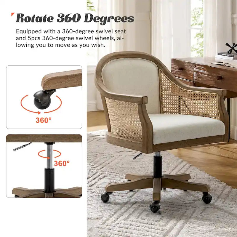 Chaise de bureau pivotante à 360 degrés en rotin réglable en hauteur Danilo Farmhouse avec bois d'hévéa
