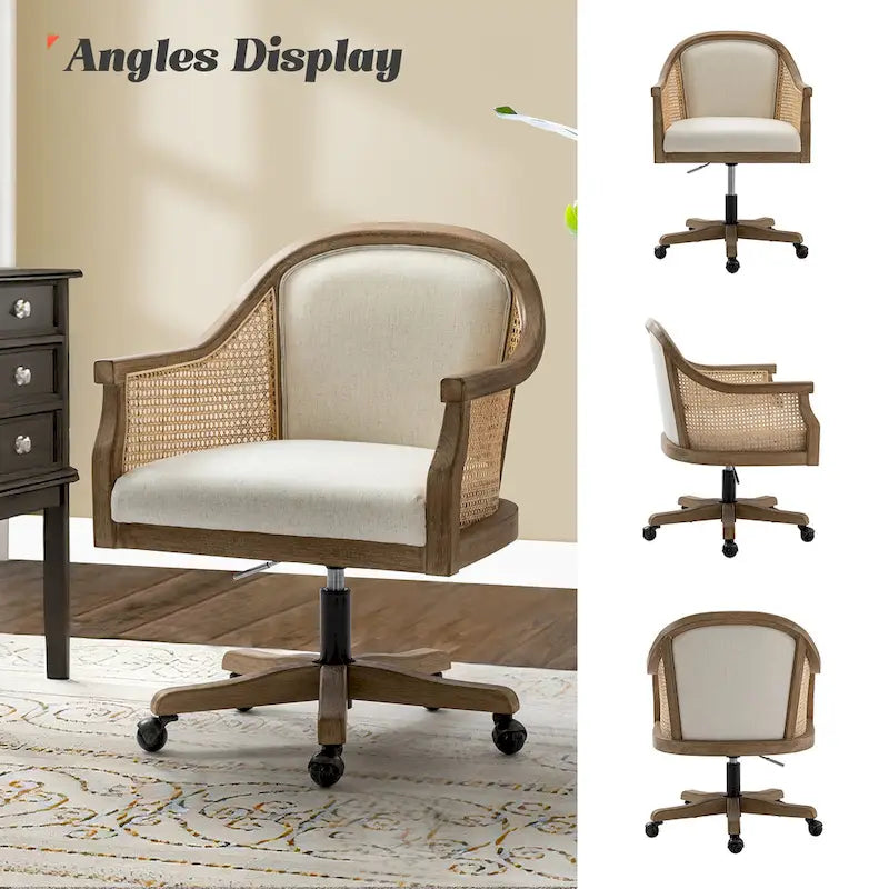 Chaise de bureau pivotante à 360 degrés en rotin réglable en hauteur Danilo Farmhouse avec bois d'hévéa