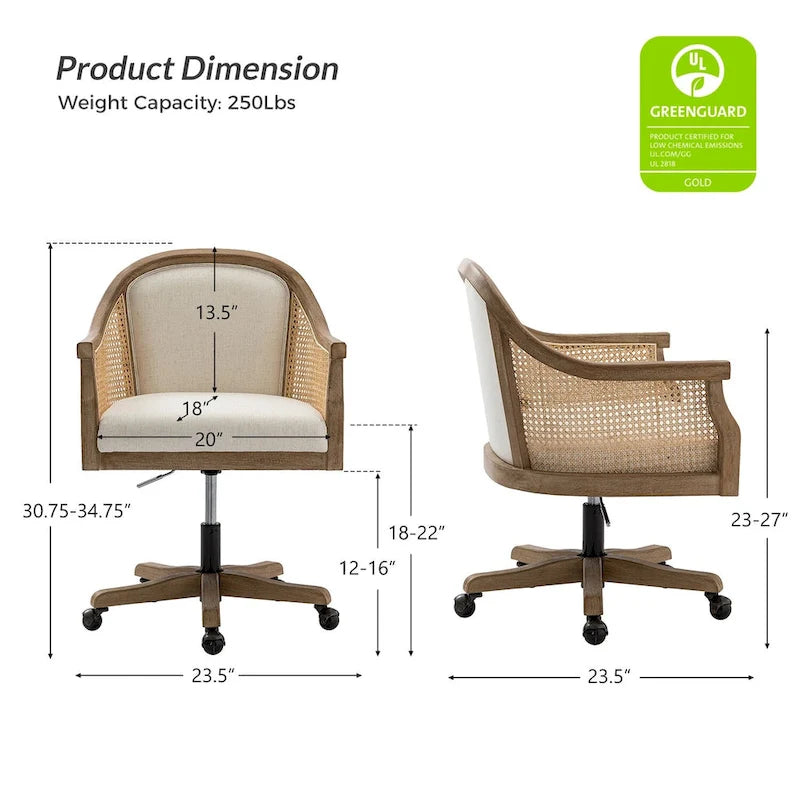 Chaise de bureau pivotante à 360 degrés en rotin réglable en hauteur Danilo Farmhouse avec bois d'hévéa