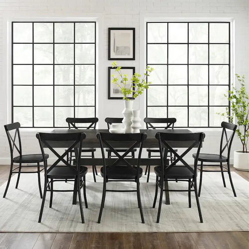 Ensemble de salle à manger extensible 9 pièces de style ferme moderne avec chaises en acier à dossier en X